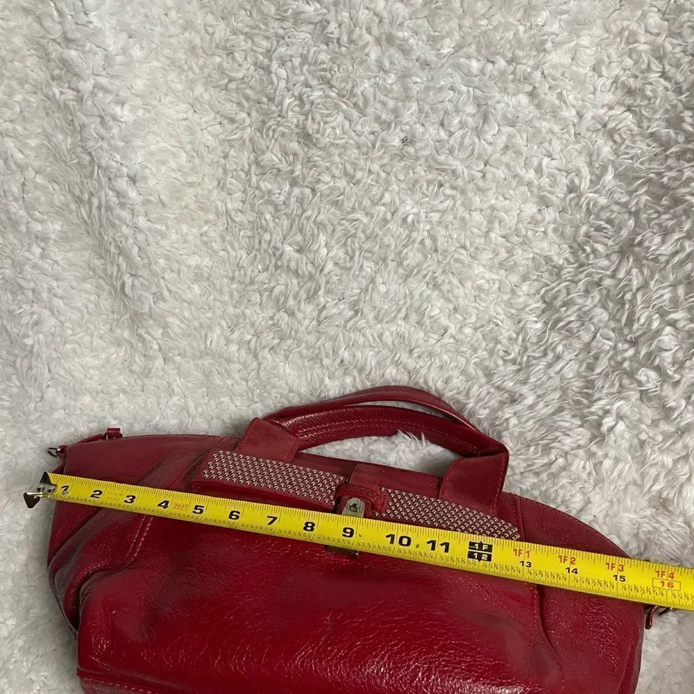 Francesco Biasia leather & suede deep Red medium Satchel gold studs accents.